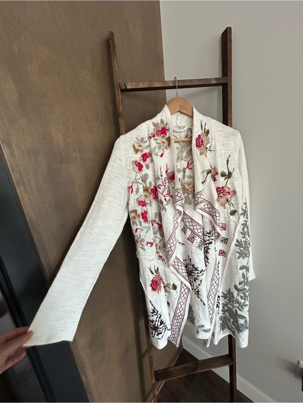 Paparazzi Ivory Open-Front Cardigan with Pink & Green Floral Embroidery